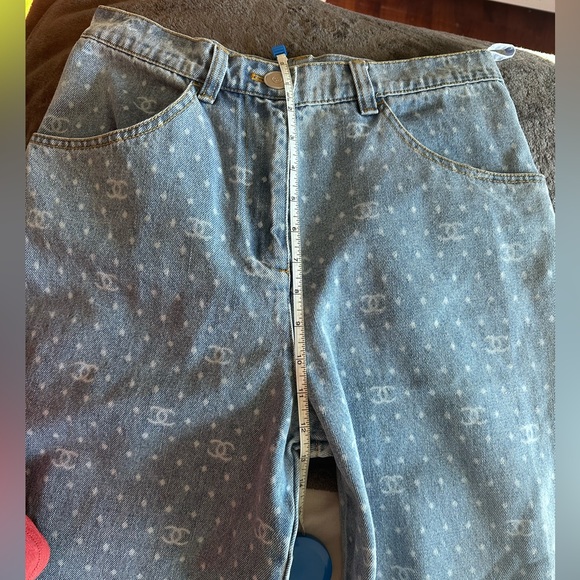 Chanel Light Blue & White Wide Leg Printed Denim Jeans - Picture 5 of 9